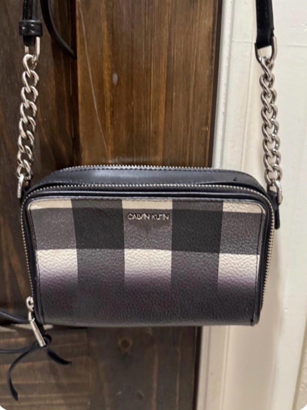Calvin Klein Black & Gray Plaid Crossbody with Chain Strap
